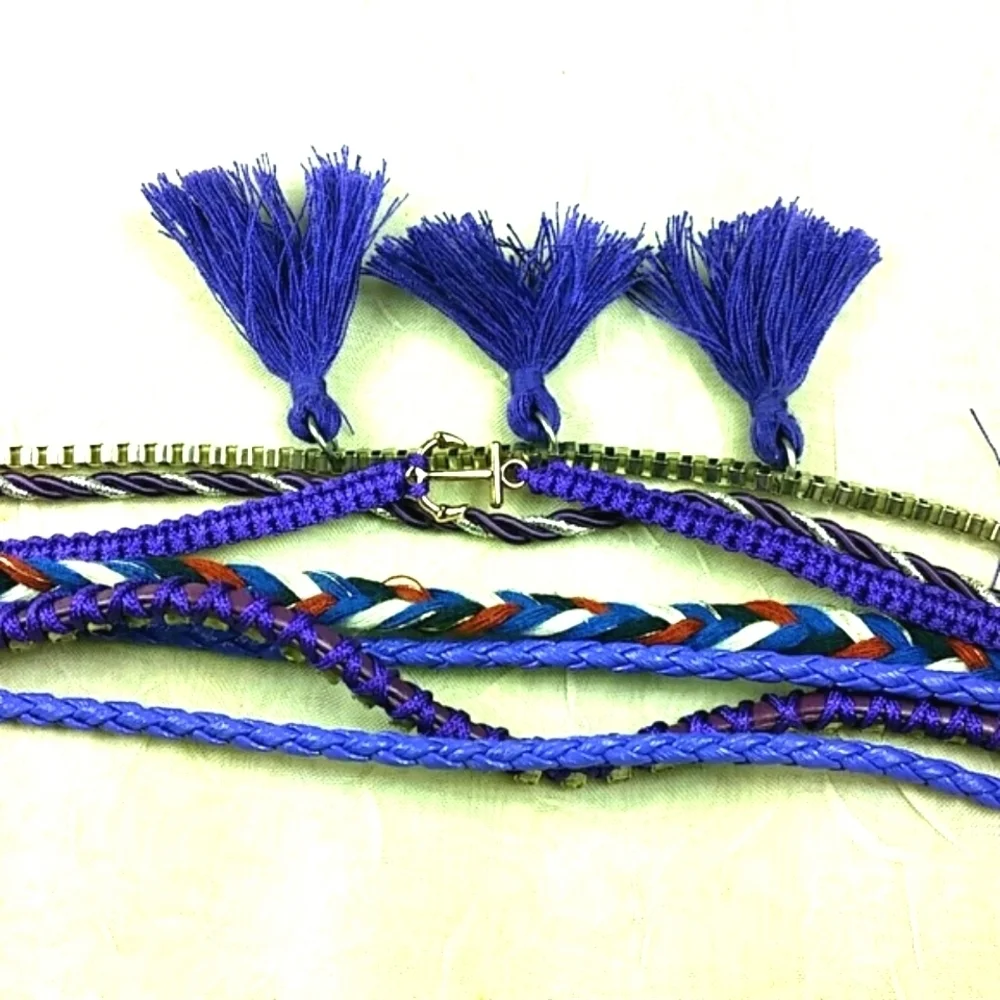 Boho Multi-Strand Bracelet Purple Tassel Woven Anchor Charm Festival Layering